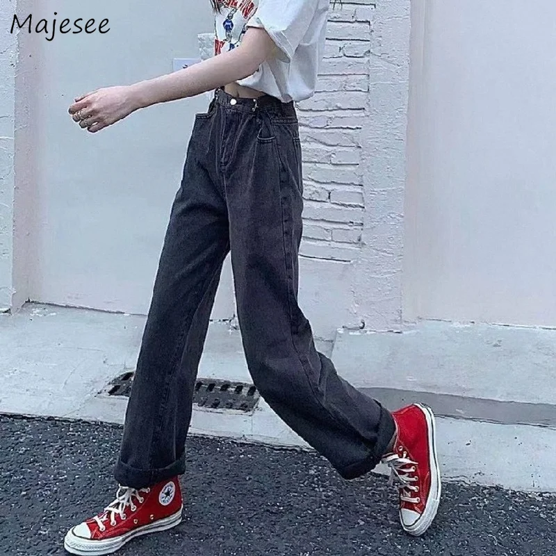 

Jeans Woman Wide Leg Loose Streetwear Casual Solid Washed Pockets High Waist Spring Fashion Simple Korean Style New All-match