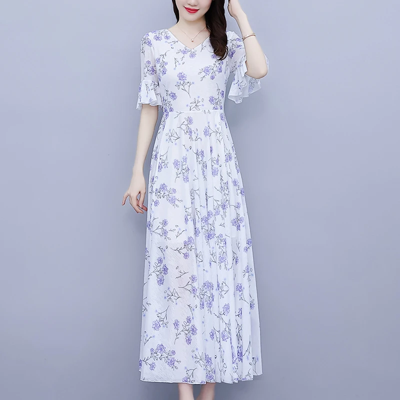 

2023 New Bohemian Silk Printed Dress Women's Summer Elegant Versatile V-Neck Waist Slim Leisure Holiday Dress Vestidos