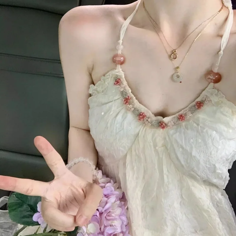 

Pure Elegant Art Retro Hanging Neck Sleeveless Chiffon Dress 2024 Women Summer New Style Inlaid Crystal Sequins Lace Fairy Sling