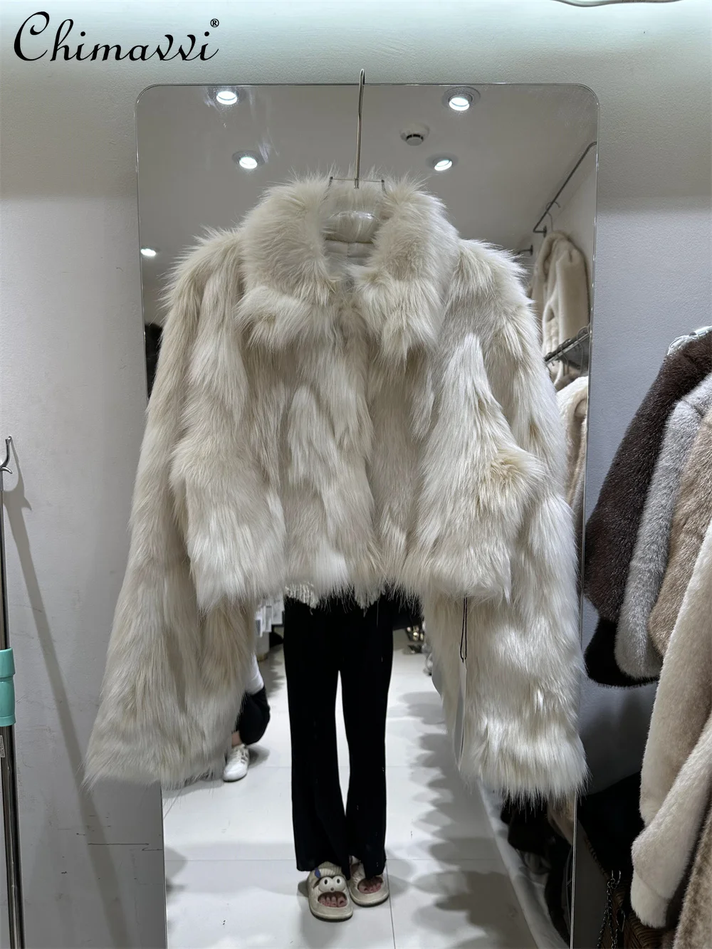 

Женская короткая куртка из искусственного меха, элегантная Свободная куртка из искусственного меха с длинными рукавами и отложным воротником в Корейском стиле, весна