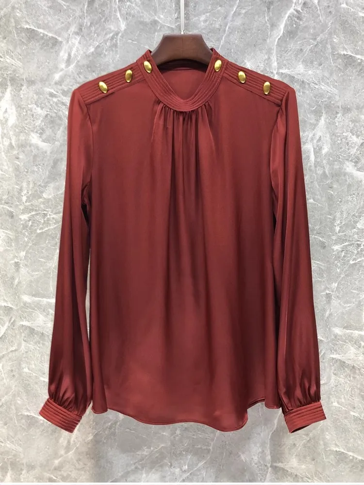 

New 2024 Spring Summer Fashion Silk Shirt Blouses Women Big Button Deco Long Sleeve Apricot White Red Elegant Pure Silk Blouses