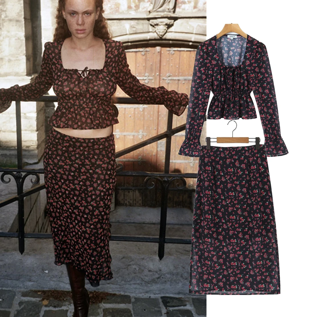 

Jenny&Dave High Wasit Midi Skirt Two Pieces Sets Women French Style Retro Indie Folk Floral Printing Chiffon Tops