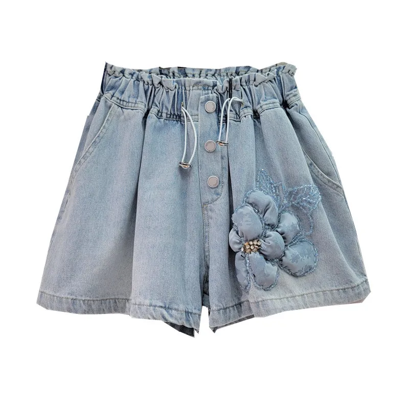 2024 Summer New Heavy Industry Beads Blue 3D Flower Denim Shorts Female Drawstring Elastic Waist Wide Leg Shorts for Women