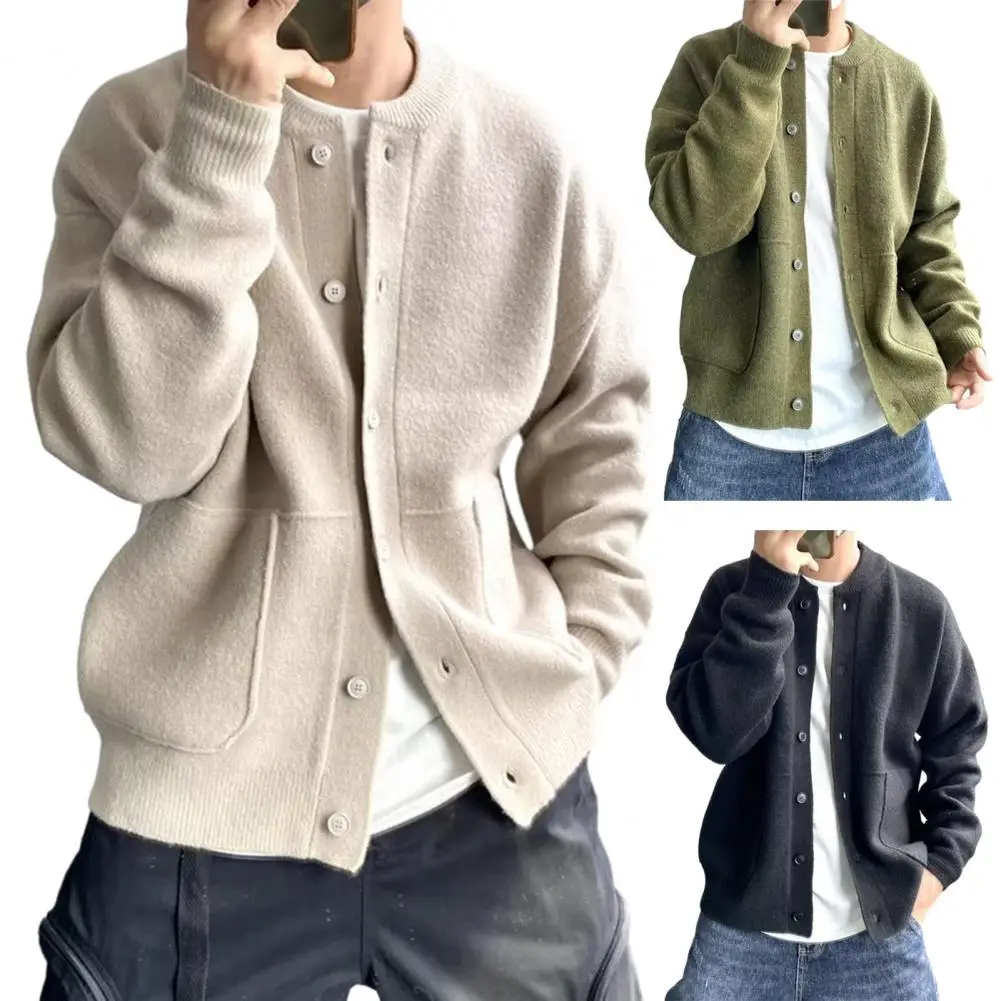 Description Picture 2 of itemSweater Coat Men's Fall Winter Knitted Cardigan Sweater with Pockets Round Neck Single-breasted Solid Color Long for Warmth