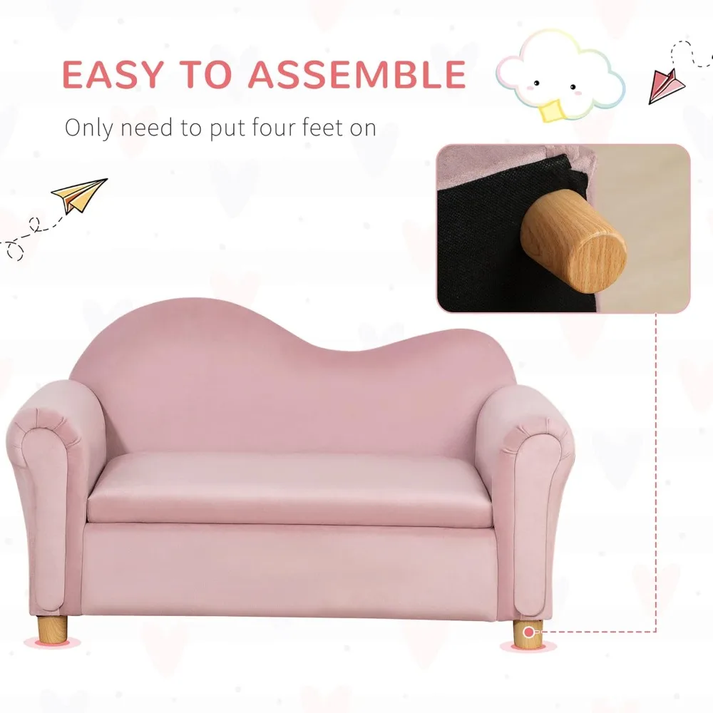 Ergonomic Foam Kids Sofa with Inner Toy Storage Chest, Velvet Kids Couch with Soft Arms, Children's Lounge Furniture, Pink 2