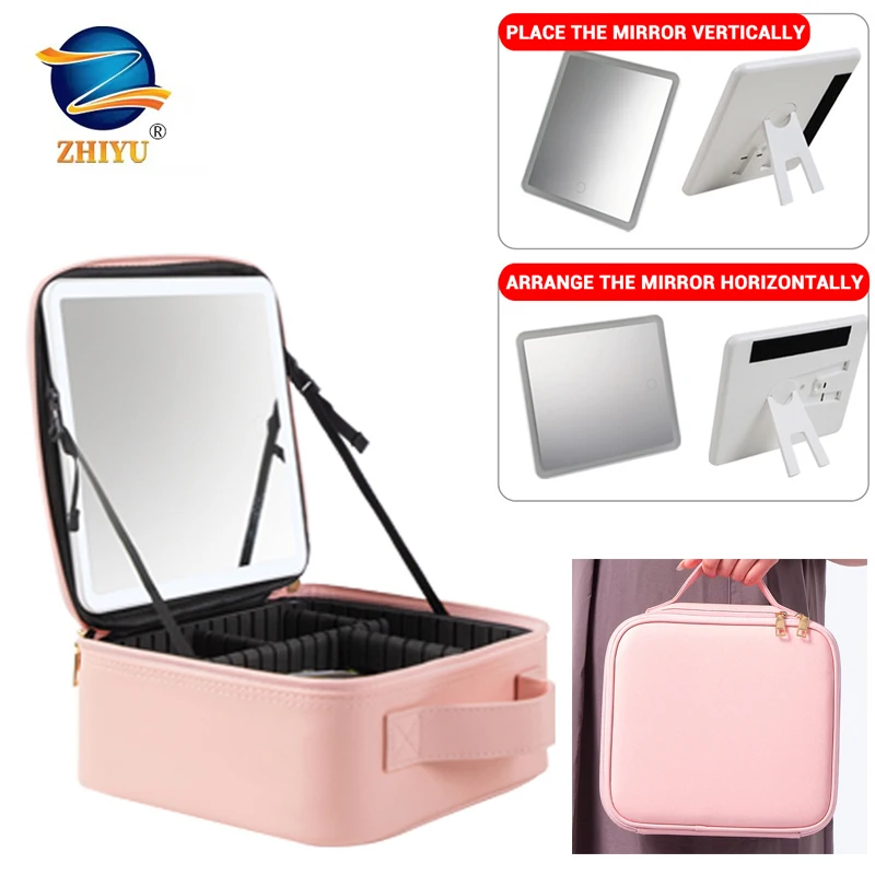 Makeup Bag with Mirror of Smart LED Lighted Women's Cosmetic Bag Travel Makeup Large Capacity Female Beautician for Women