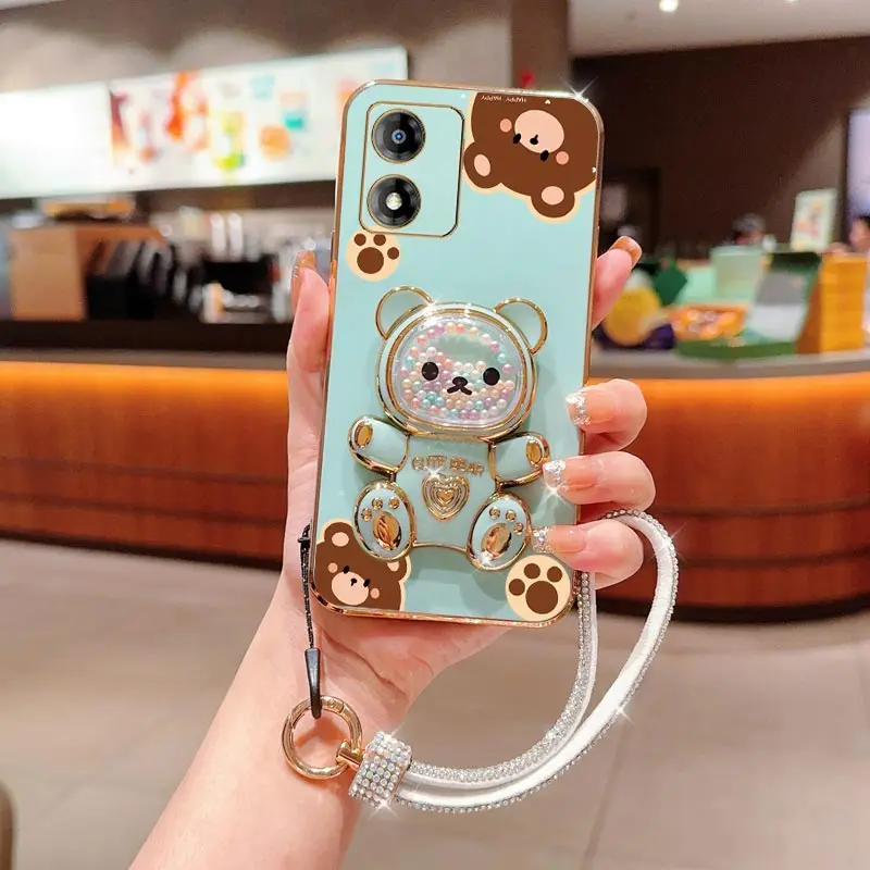 Diamond Wrist Strap Lanyard Cute Bear Phone Holder Case with Stand Back Cover