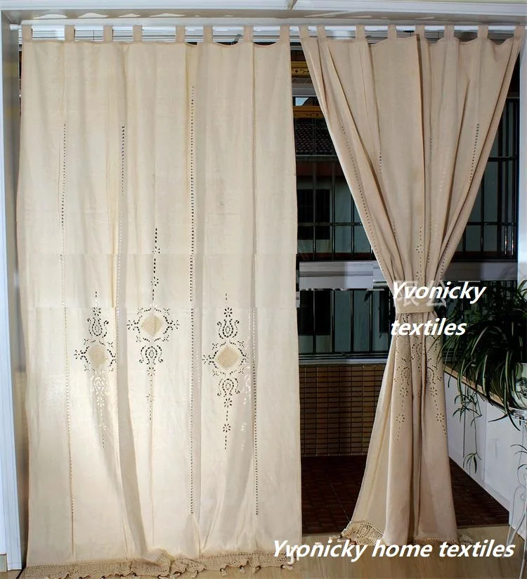 

New Handmade Cotton Linen Curtains with Tassel Crochet Hollow Out Lace Cortinas for Living Room Solid Beige Pastoral Blinds