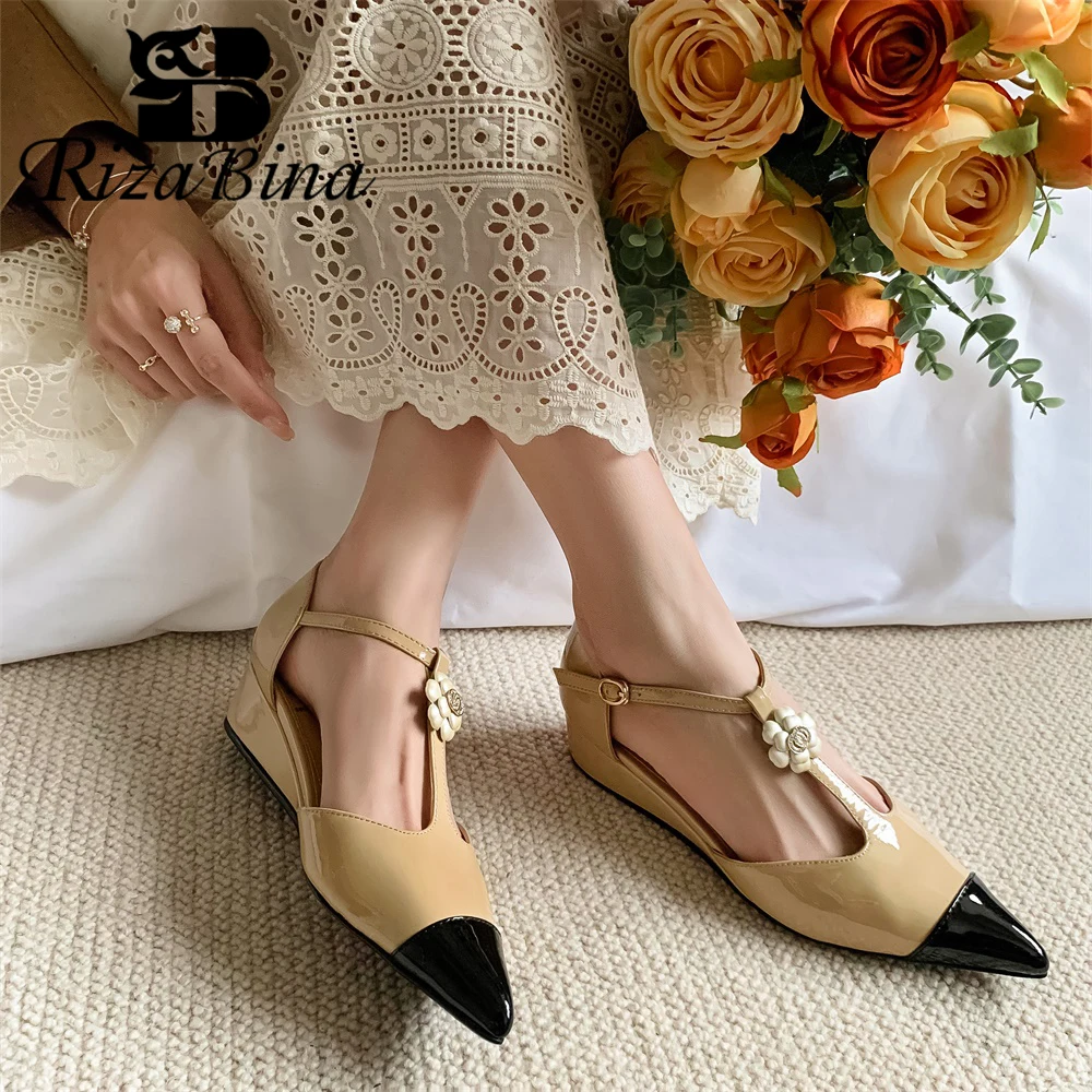 

RIZABINA Women Pumps Pointed Toe Mixed Color Floral Design Low Heels Shoes Ladies Fashion T-strap Elegant Party Mary Jean Shoes