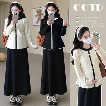Maternity Suit 2026 Spring Autumn French Style Elegant Comfortable Contrast Trim Knit Top And Long Skirt For Pregnant Women