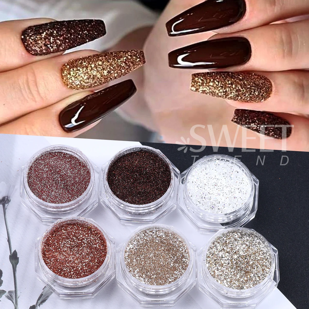 12pcs Brown Gold Style Nail Glitter Mixed Hexagon Round Sequin Metallic Leaf Sparkly Gorgeous New Year Winter Decor Accessories