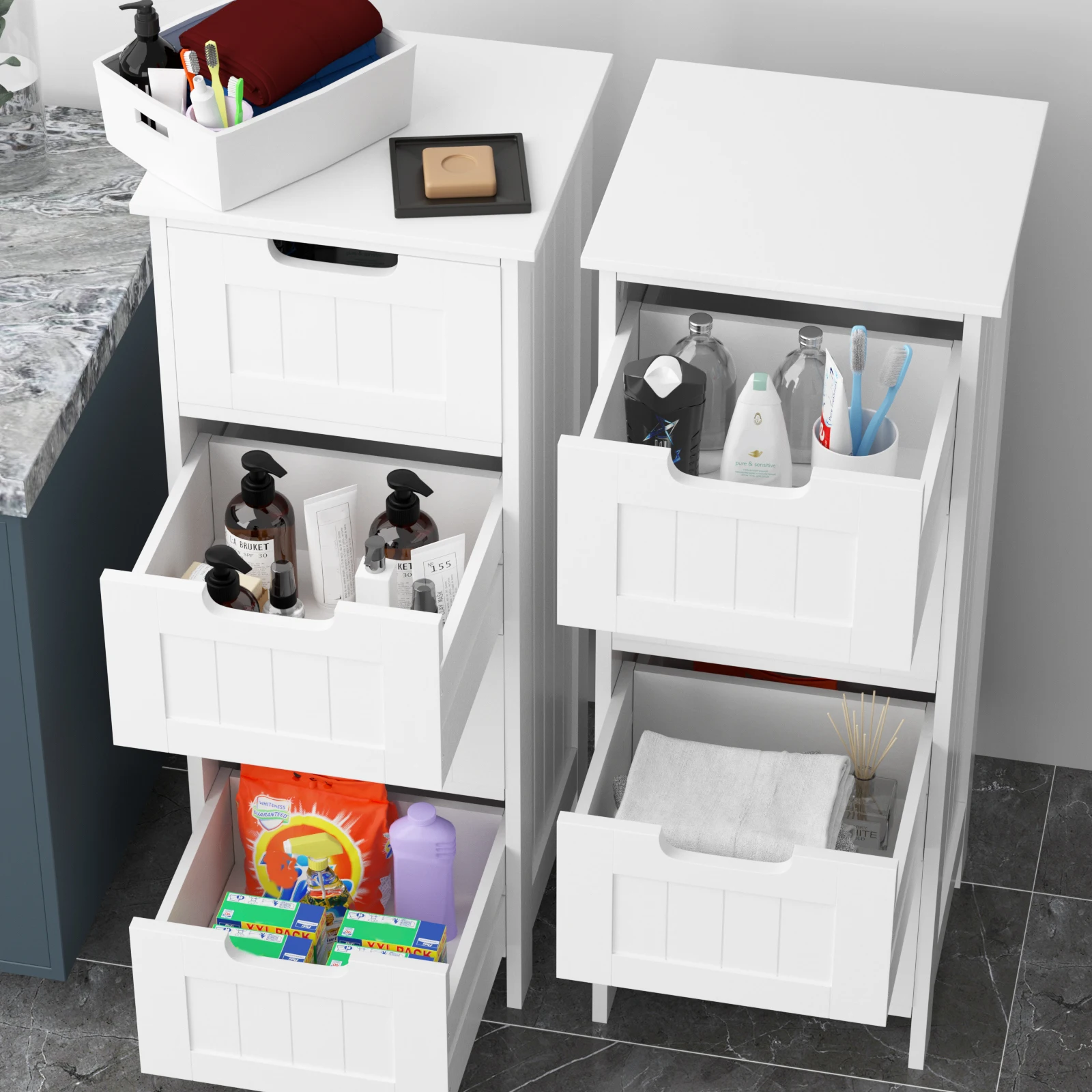 Kommode mit 4 Schubladen, weißer bodenstehender Badezimmer-Aufbewahrungsschrank, Aufbewahrungsschrank aus Holz, Kommode, Organizer-Einheit, MDF – Detail 3