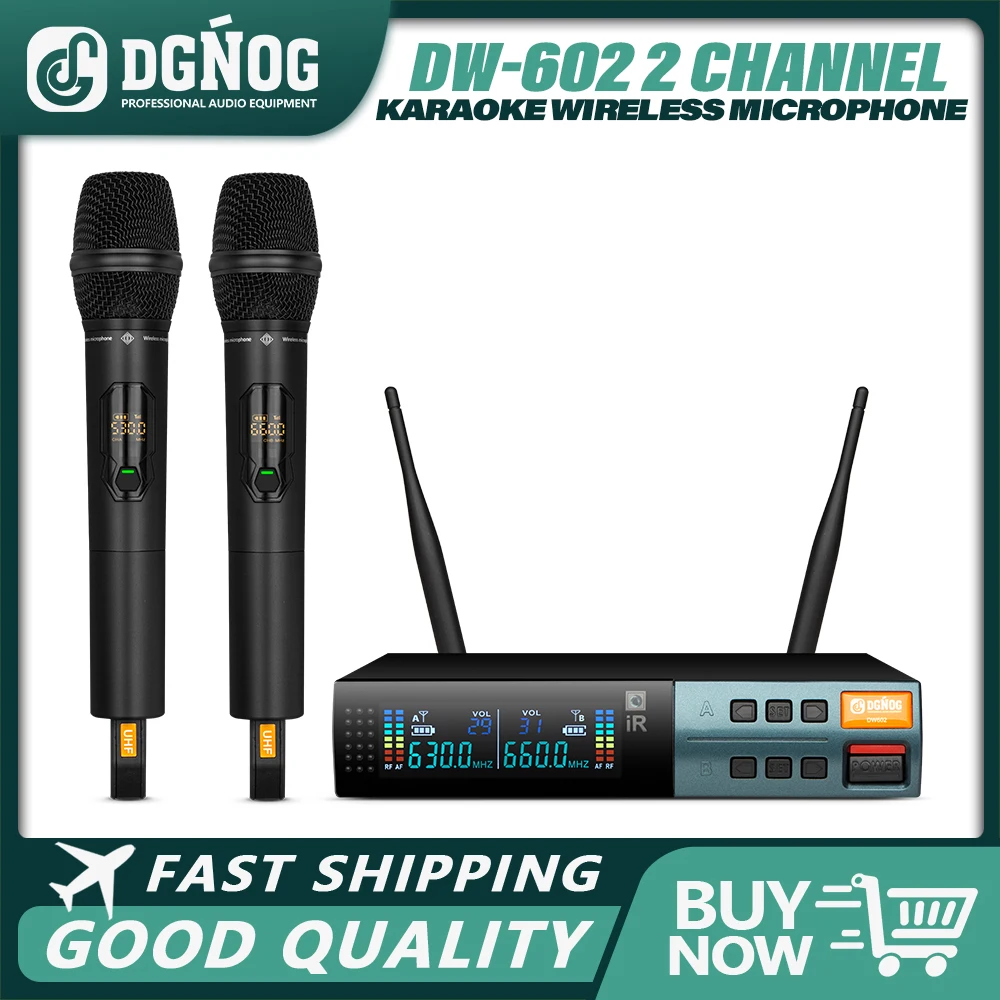 DGNOG UHF 무선 핸드헬드 마이크 시스템, 주파수 조절 가능, 2x50 주파수 금속 구조, 교회 DJ 노래방용 100M
