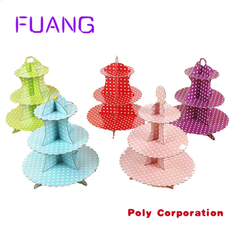 Custom  Wholesale Cardboard Christmas 2 3 Tier Paper Cake Stand Lace Polka Dot Cupcake Holder Party Decoration Cake Paper Stand