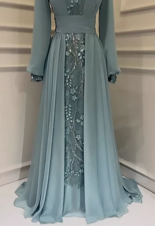 Women Prom Dresses Xijun Modest Green Muslim Evening Dresses Full Sleeves High Collar Prom Dresses Moroccan Kaftan Prom Gowns Dubai Party Gown