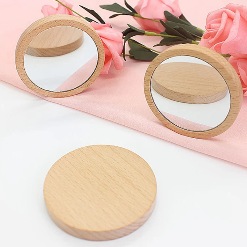 Wooden Cosmetic Mirror Portable Round Mirror Hand Held Mirror Vintage Makeup Mirror For Women Travel