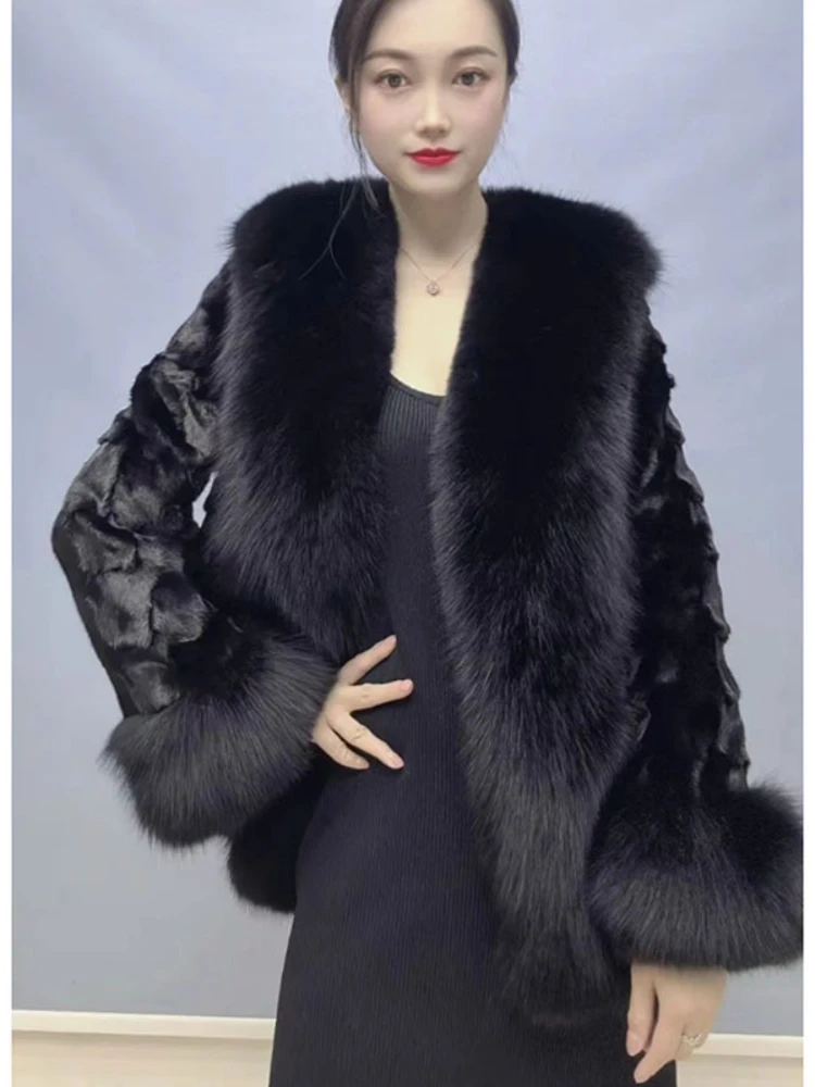 2023 여성용 진짜 밍크 모피 겉옷, 빅 칼라 코트, 따뜻한 중간 길이 가디건, 오버코트, 고품질, 럭셔리, 겨울, 신상 패션