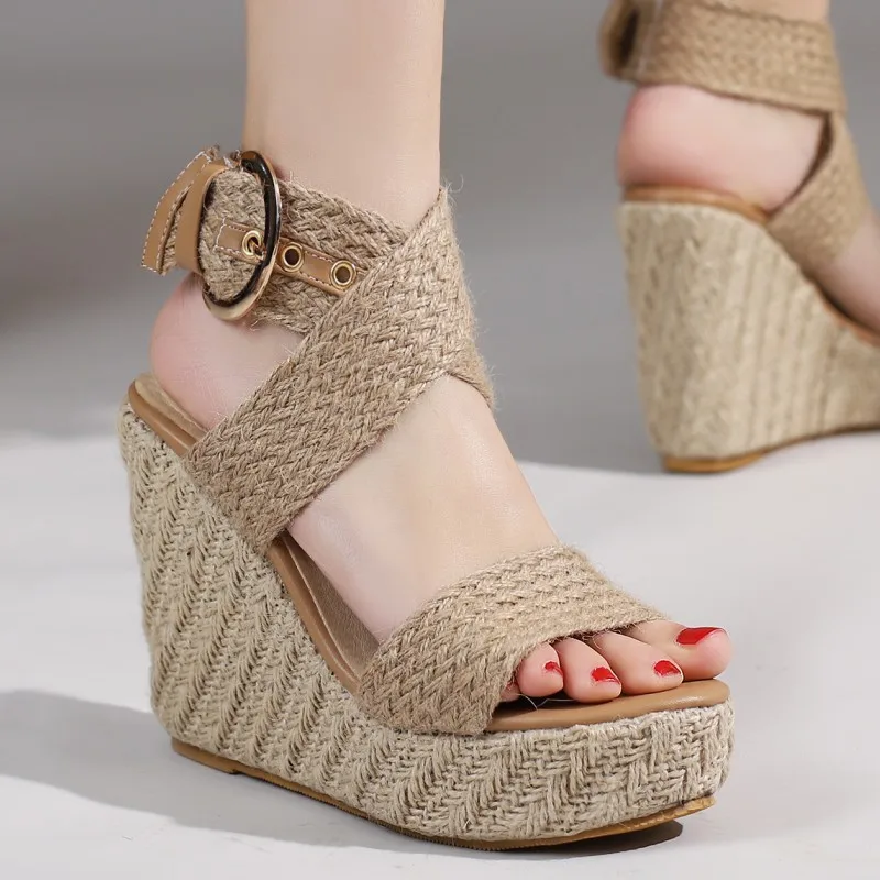 454721-4ccc95.jpg Large Size Platform Sandals Wedge Summer Shoes For Women Wedges High Heels Beige Knitted Gladiator Flip Flops Female Comfortable - Image 1