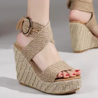 Large Size Platform Sandals Wedge Summer Shoes For Women Wedges High Heels Beige Knitted Gladiator Flip Flops Female Comfortable
