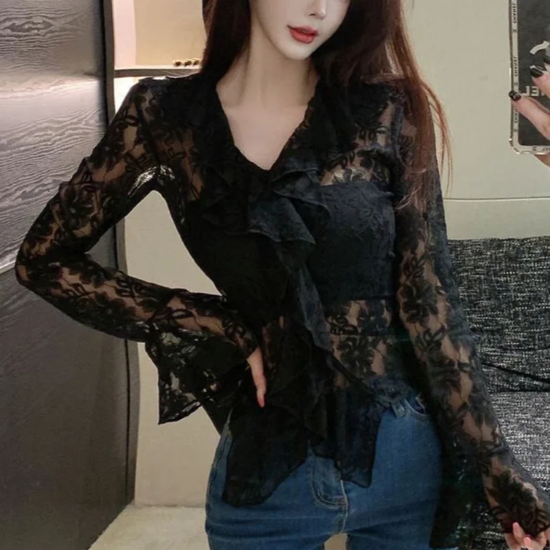 y2k Lace Blouse Women Coquette Clothes Sheer See Through Ruffle Flared Long Sleeve Shirt Top 2000s Clothing Streetwear