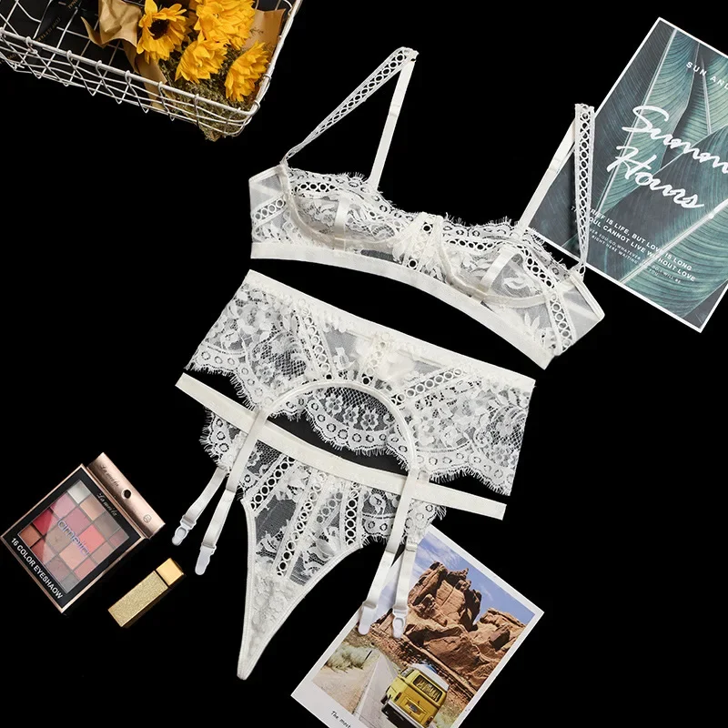 Ladies Sexy Lace Bra Set White Hollow Fine Mesh Underwear Set Erotic Exotic Lingerie Sexy Bra Three-piece Lingerie