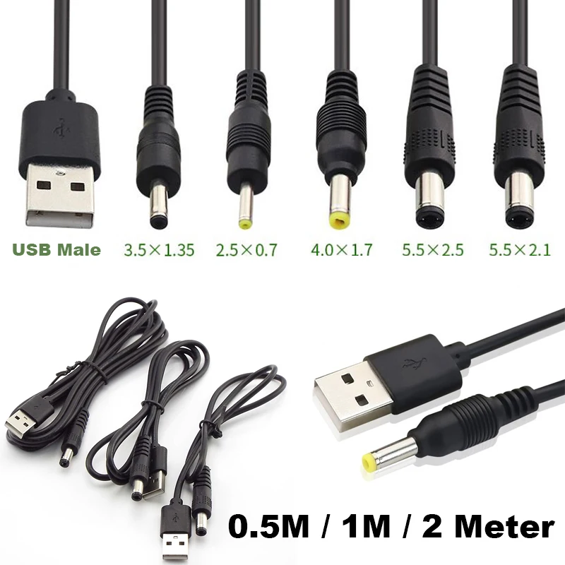 1/5x USB A Male plug to DC 2.5 3.5 1.35 4.0 1.7 5.5 2.1 5.5 2.5mm Power supply Plug Jack type A extension cable connector cords