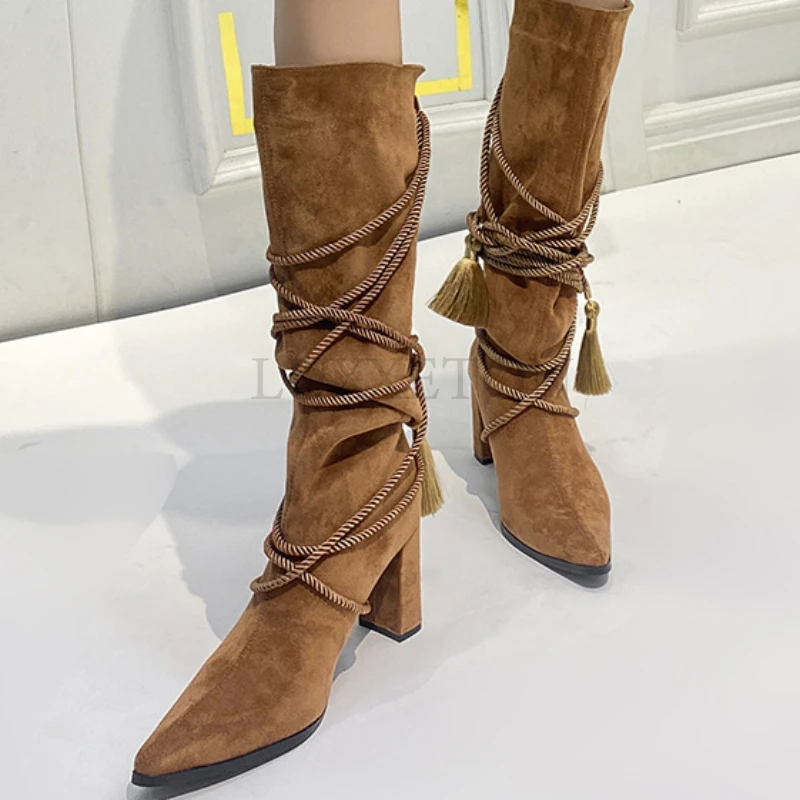

Women Lace Nubuck Flat Heels Winter Snow Boots Shoes Women's Flock Plush Padded Winter Long Riding Motorcycle Boots Shoes