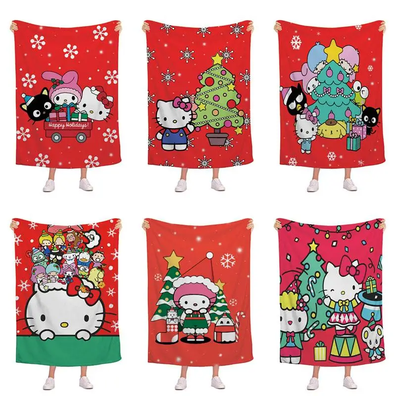 

Hot Kawaii Sanrios Christmas Hellokitty Flannel Blanket Anime Cinnamoroll Kuromi Red Christmas Holiday Decorative Gift Blanket