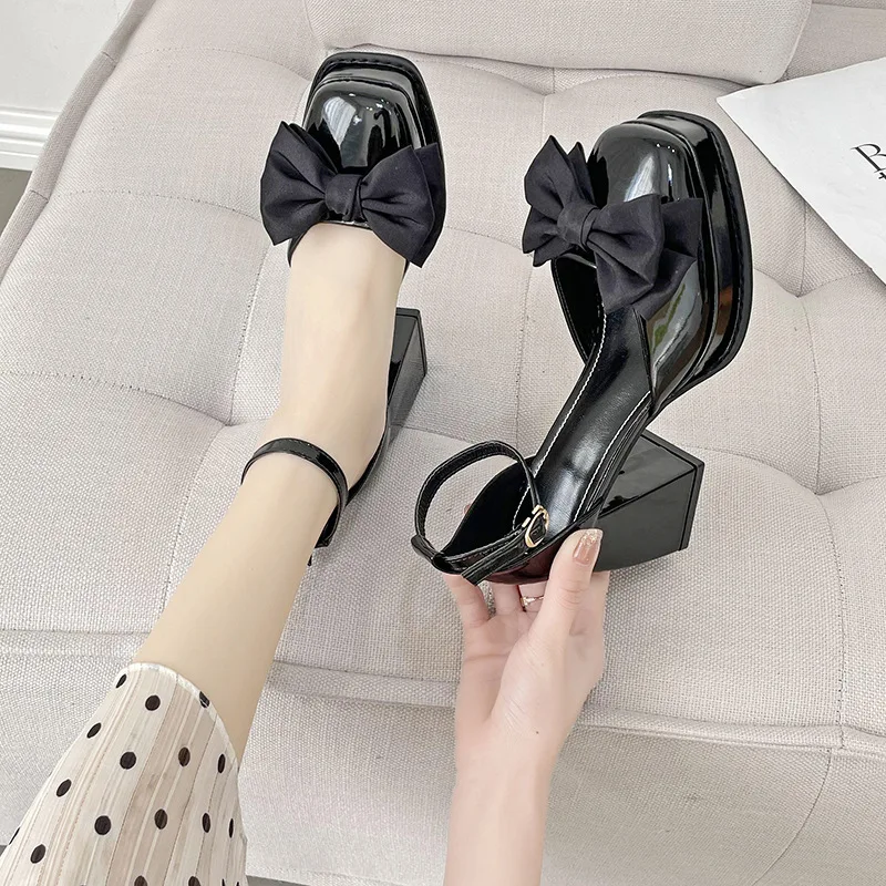 Mary Jane Female High Heels Spring Summer Women's Chunky Heel Sandals One Word Tape Big Bowknot Elegant Party Ladies Pumps