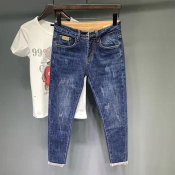 하라주쿠 봄 가을 찢어진 데님 청바지 바지, 카우보이 작업 디자이너 캐주얼 한국 스트리트 패션, 십대 파란색 펜슬 바지, 신제품