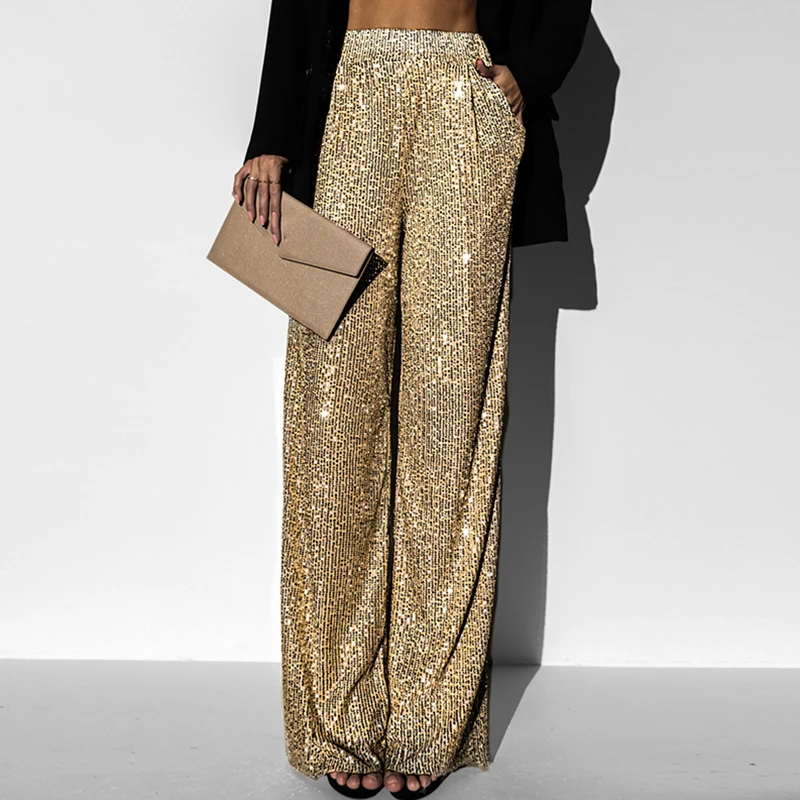 

Women Elegant Shiny Sequin Long Pant Spring Fashion Elasti Waist Loose Party Trouser Summer Casual Temperament Pocket Solid Pant