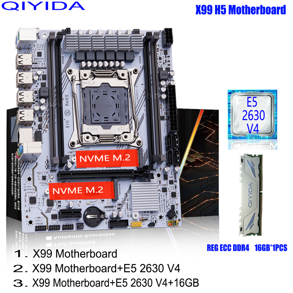 QIYIDA X99 Motherboard Set Kit With LGA2011-3 Xeon E5 2630 V4 CPU DDR4 16GB REG ECC memory PCI 16x NVME M.2 SATA x99 H5