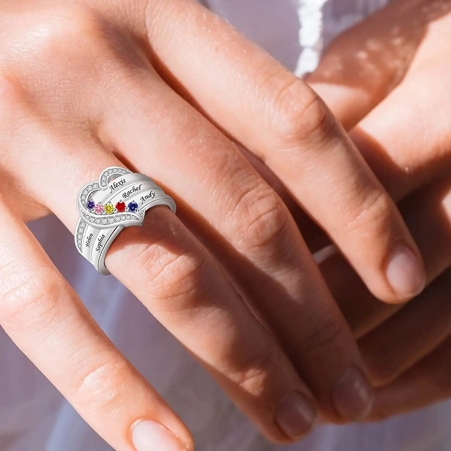 Personalized Family Ring – Mother's Birthstone Name Band In 925 Sterling Silver