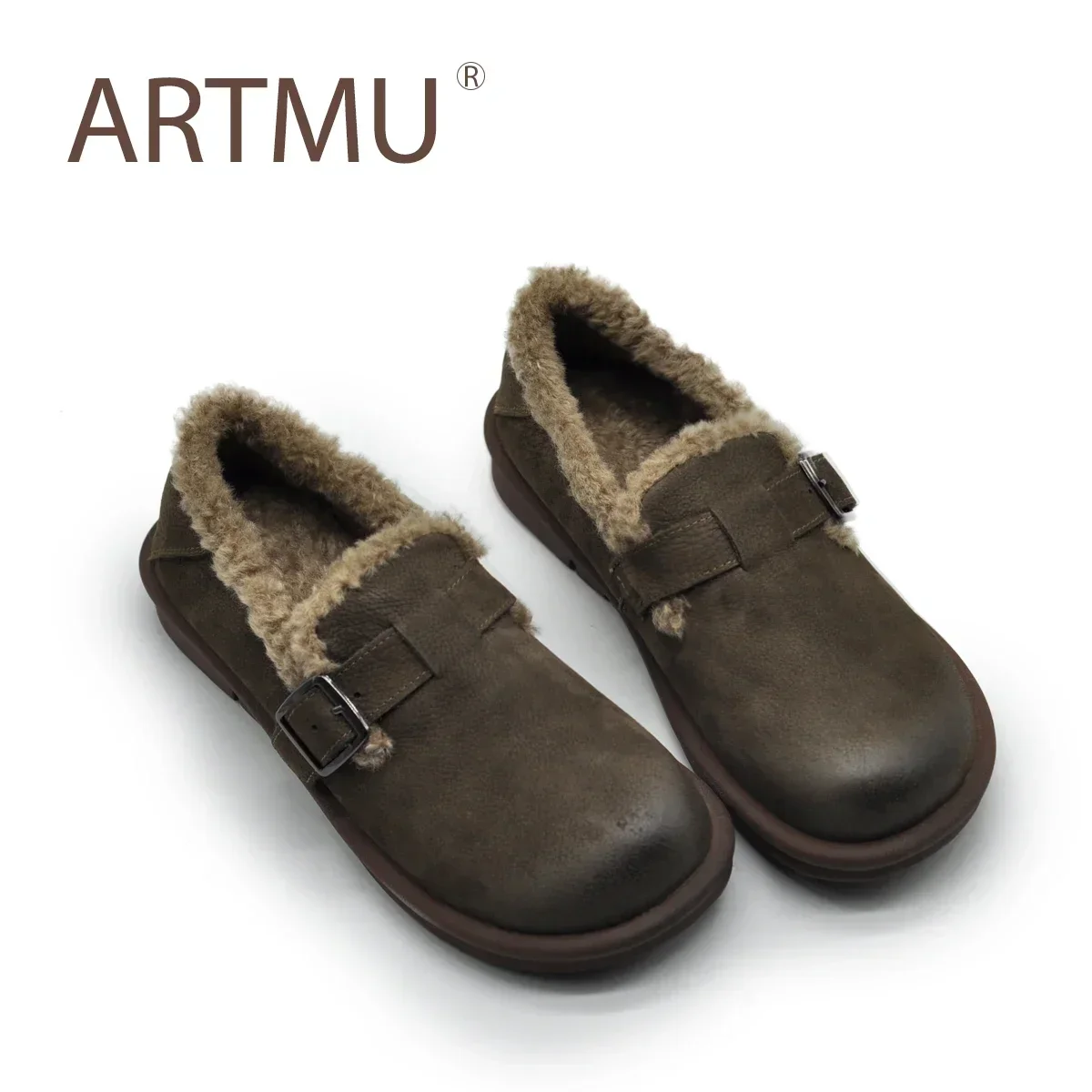 

Artmu Original Women Flats Shoes Winter Plush Shoes Genuine Leather Buckle Snow Boots Luxury Snow Shoes Leisure Ladies Shoes