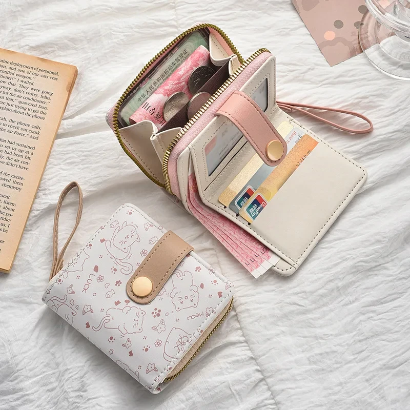 1pc Cute Cat Girls Wallet Short Student ID Bank Card Holder Money Bag Zipper Wallets for Women Key Storage Purse Coin Purse 5