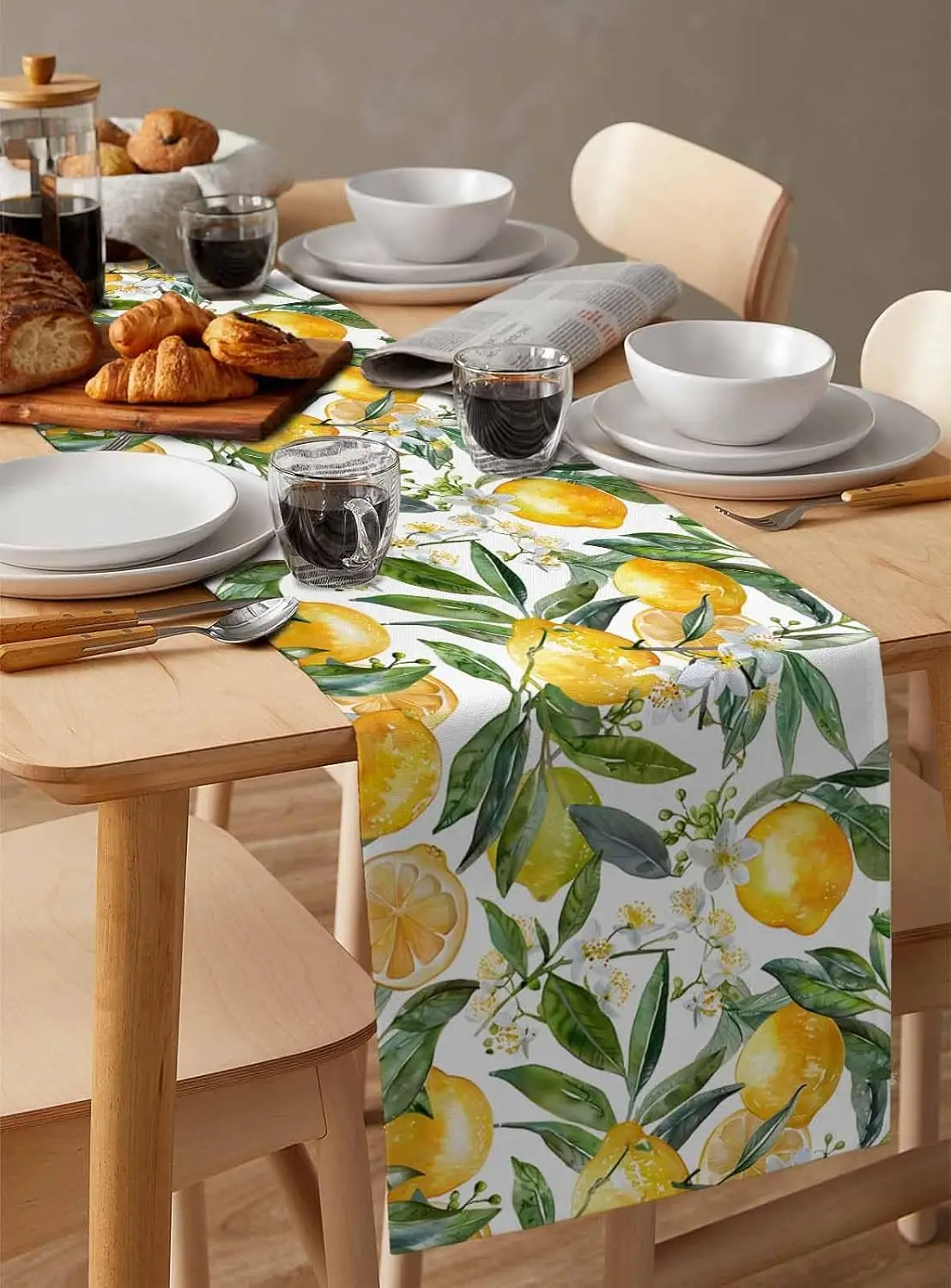 Spring Lemon Leaves Linen Table Runner Dresser Scarf Decor Summer Yellow Green Botanical Flower Table Runners Dining Table Decor 5