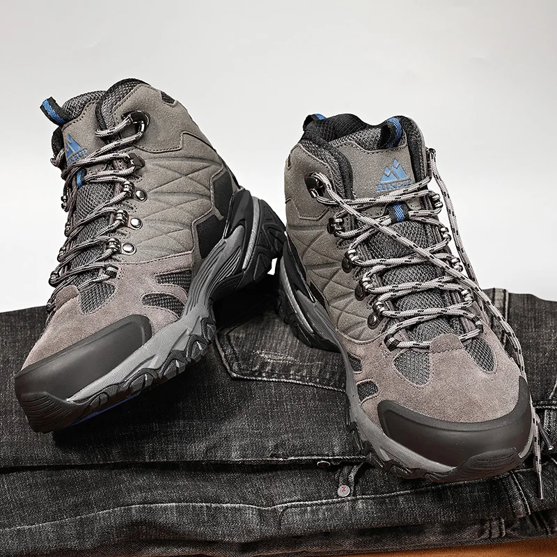 HIKEUP buty zimowe męskie buty turystyczne na świeżym powietrzu zamszowe wysokie buty trekkingowe męskie buty przeciwdeszczowe taktyczne bojowe buty wojskowe