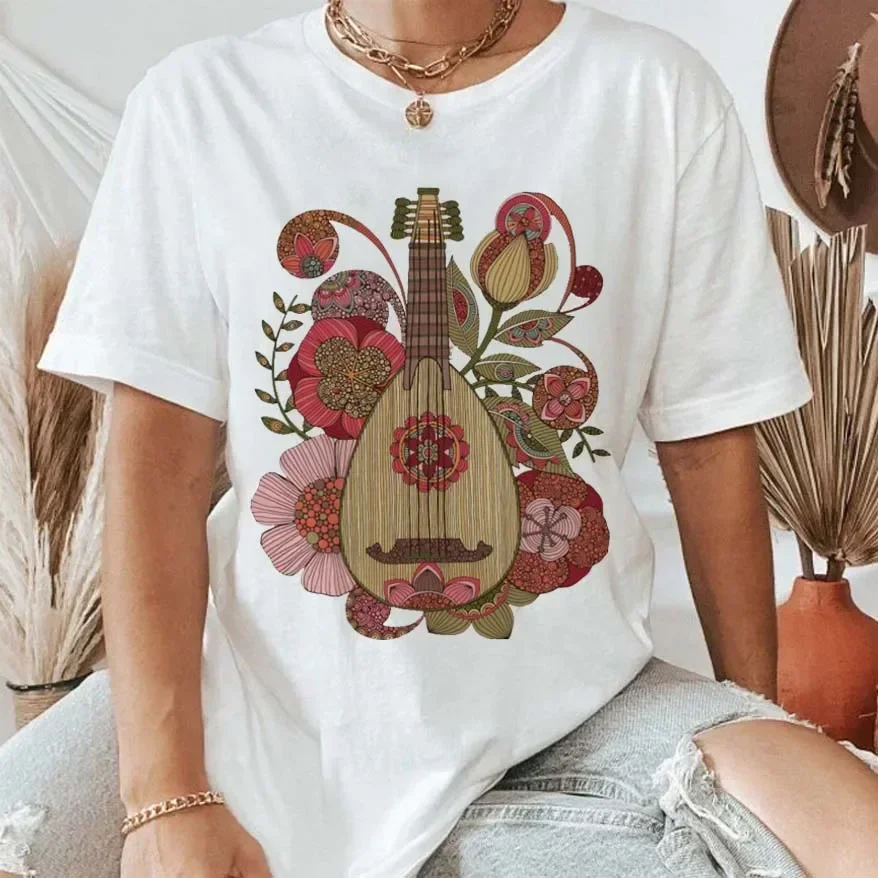 

Flowers Music Graphic T-Shirt Short Sleeve Crew Neck Casual Top Tee For Spring & Summer Western Vintage Fashion Women's Clothing