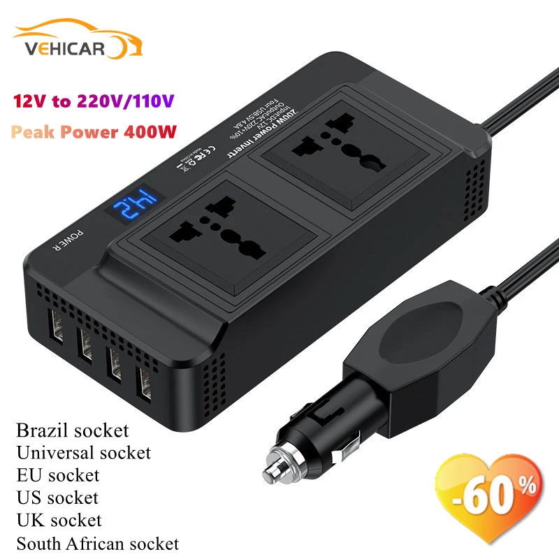 

200W Car Inverter DC 12V to AC 220V/110V Power Converter Inverter 4 USB 5V 4.8A Fast Charging Socket Power Adapter Outlet