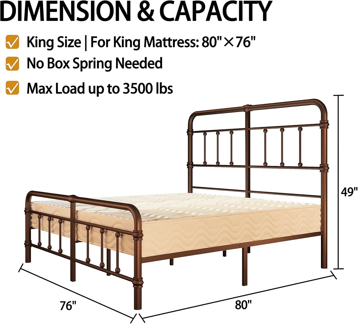 Bed-Frame and headboard Giselle-Vintage Antique-Metal - Iron Platform Mattress Foundation,49 inch High,No Box Spring