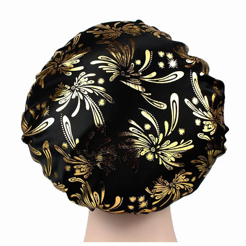 Hot Imitation Silk Wide-brimmed Night Cap Leopard Print Color With Streamer Round Cap Shower Cap Hairdressing Bonnet