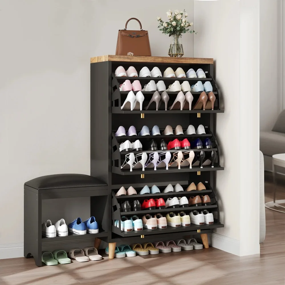 

Shoe cabinet with 3 flip-out drawers,free-standing shoe rack for organising bench,shoe cabinet for bedroom with hallway entrance