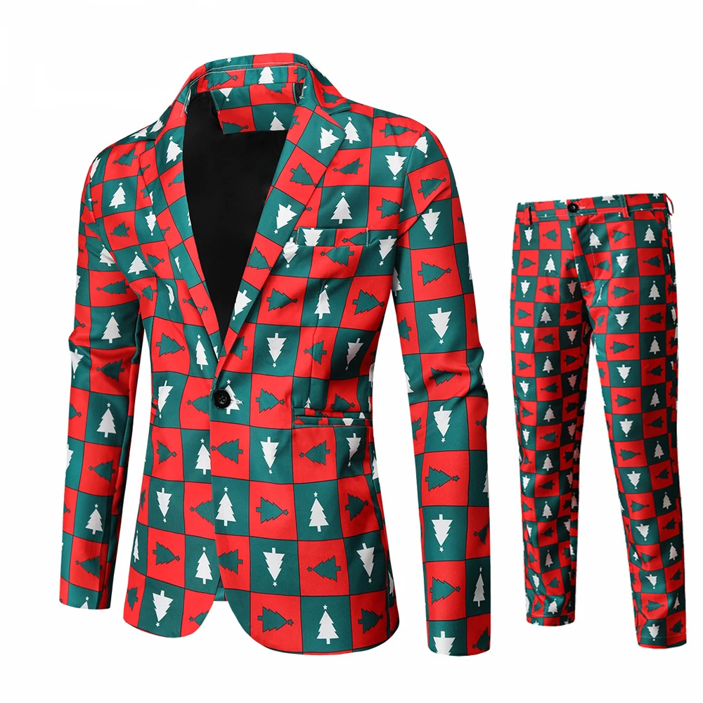 Traje navideño para hombre de 2 piezas, corte entallado, estampado de muñeco de nieve navideño, para fiesta, disfraz de un solo botón, ropa informal de moda para hombre