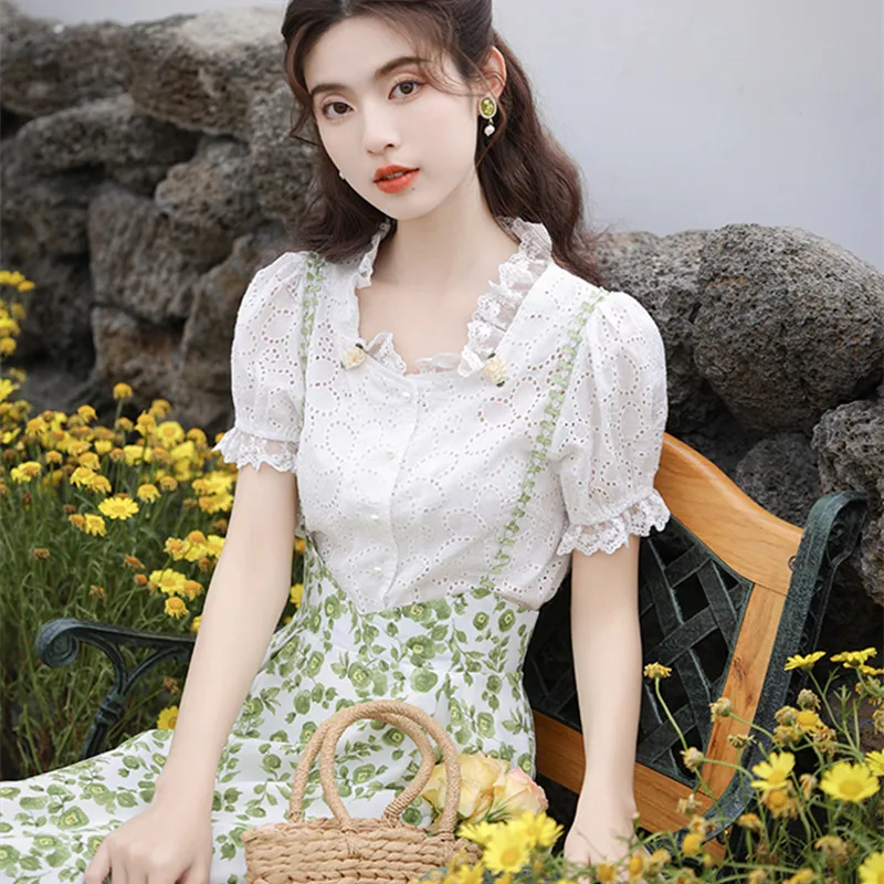 Summer Mori Vintage Dress Set Women Lace O-Neck Sweet White Shirt+  