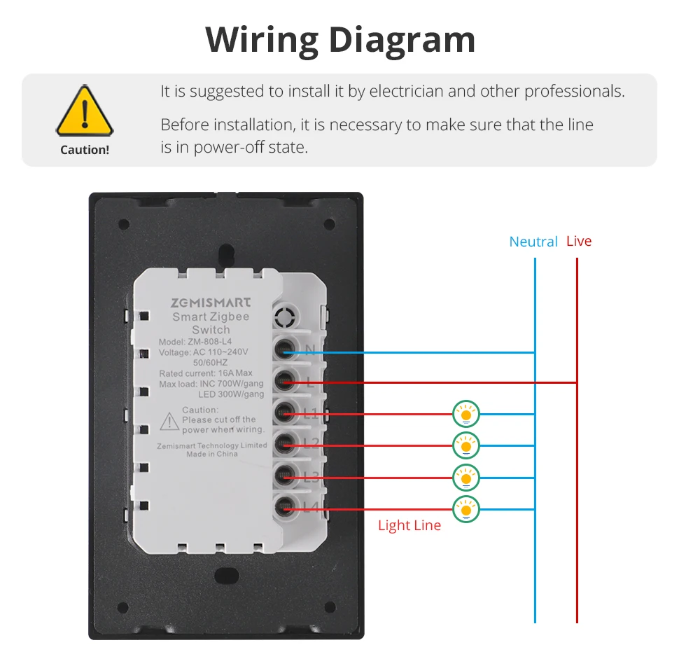 Zigbee Black Aluminum Alloy Wall Light Switch Full Button Activation Neutral Req