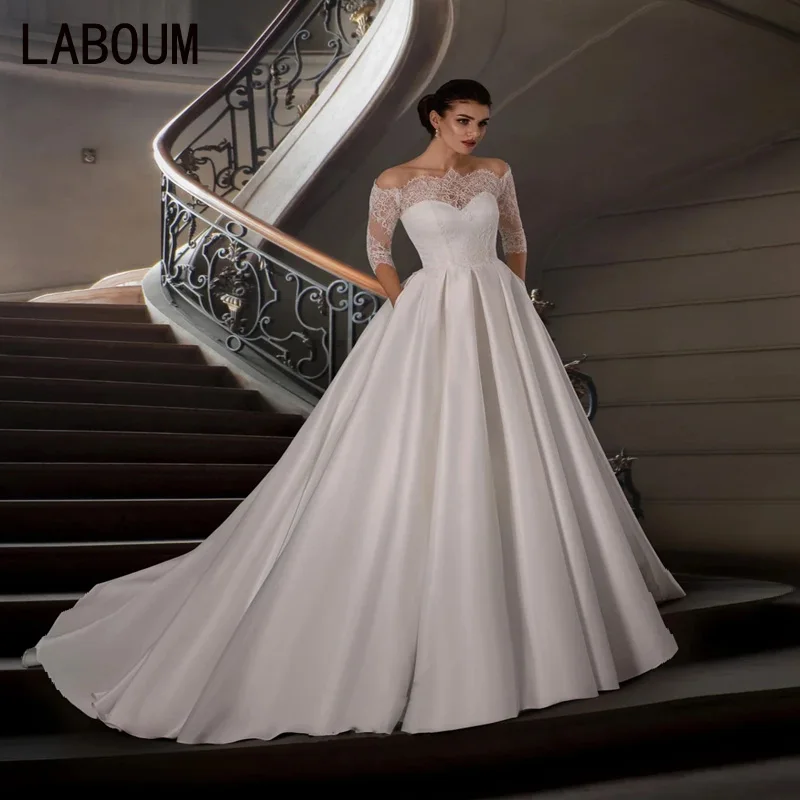 

LaBoum Wedding Dresses for Women 2023 Lace Appliques Boat Neck A-line Satin Elegant Bridal Gowns vestido de noiva robe de mariée