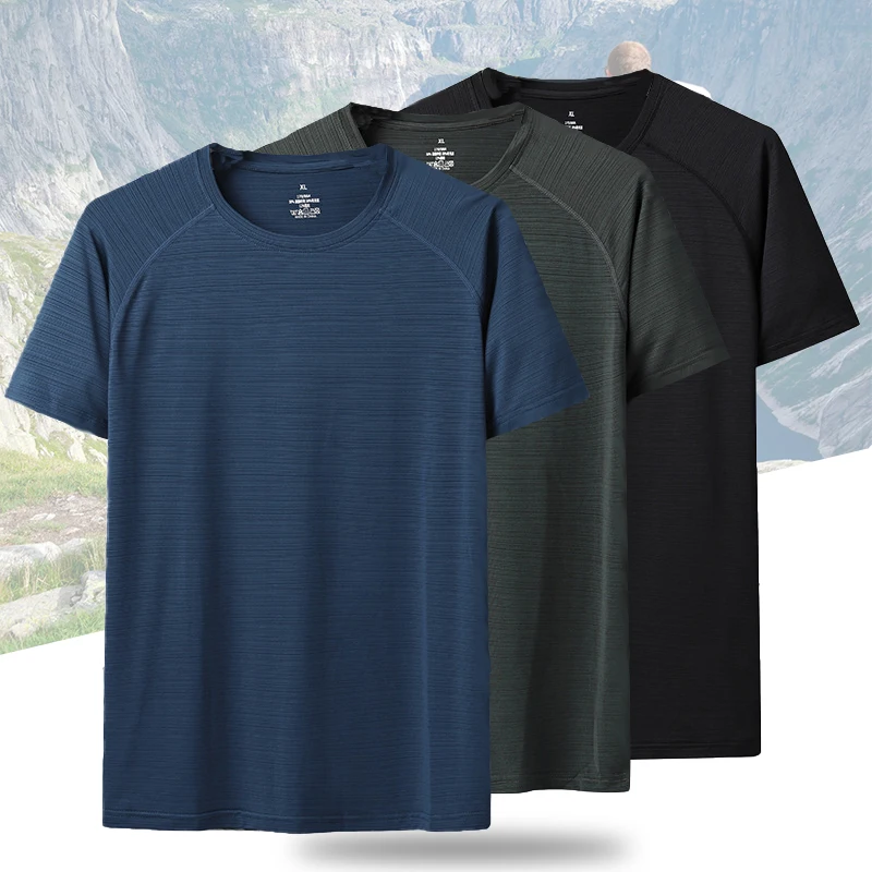 

(L-5XL) мужская Спортивная быстросохнущая футболка, дышащие футболки с круглым вырезом для походов, рыбалки, фитнеса, с коротким рукавом, свободные топы
