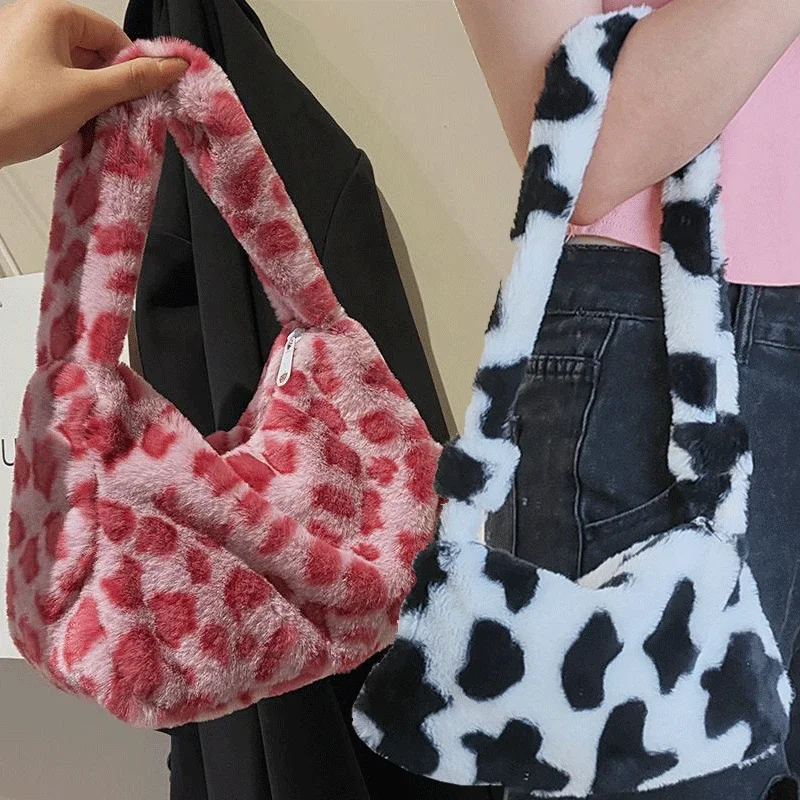 

Women Cow Print Mini Shoulder Bags Plush Print Shopper Purses Female Handbag Winter Plush Underarm Bags Fluffy Tote Bags Purses