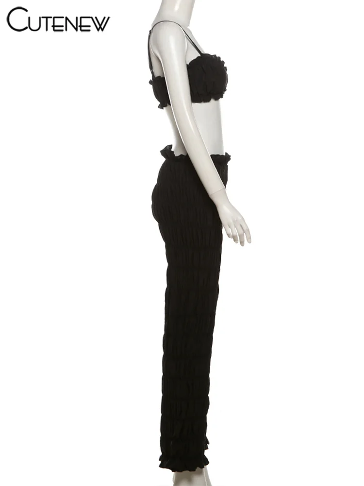 Shirring Trim Women 2 Piece Summer Unique Fashion Solid Crop Camisoles+Elastic Waist Pants Female Matching Sexy Clubwear
