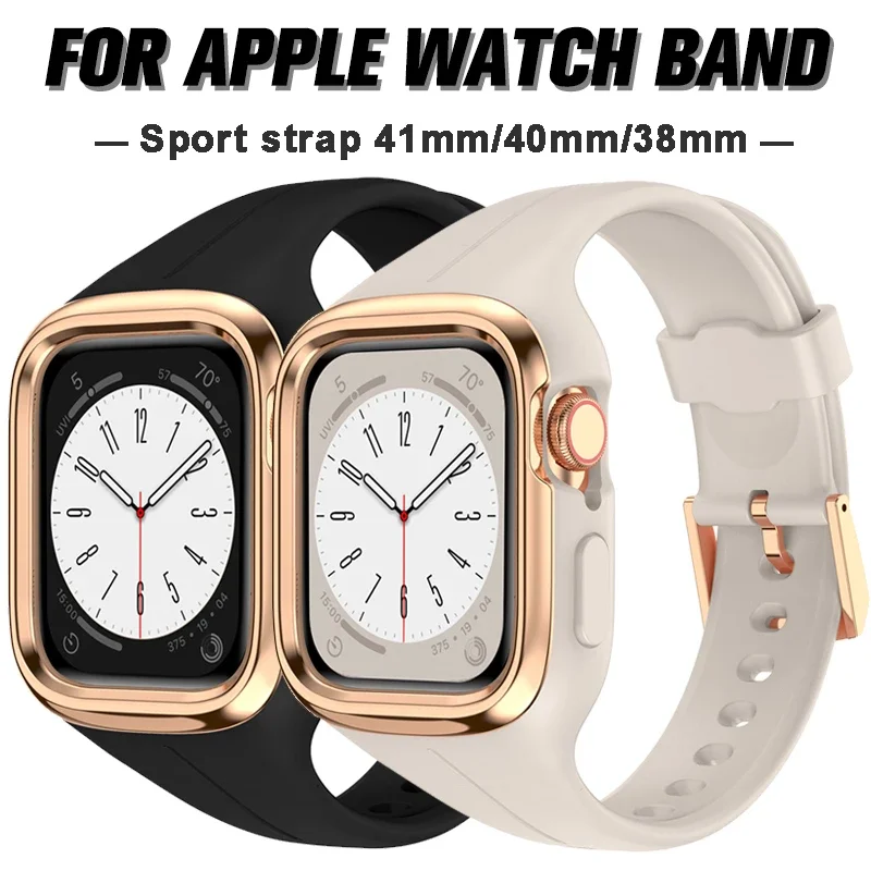 

Silicone Strap For Apple Watch Series 9 8 7 Band 38mm 40mm 41mm Sport Bracelet Protective Case Bumper Metal Frames iWatch SE 6 5
